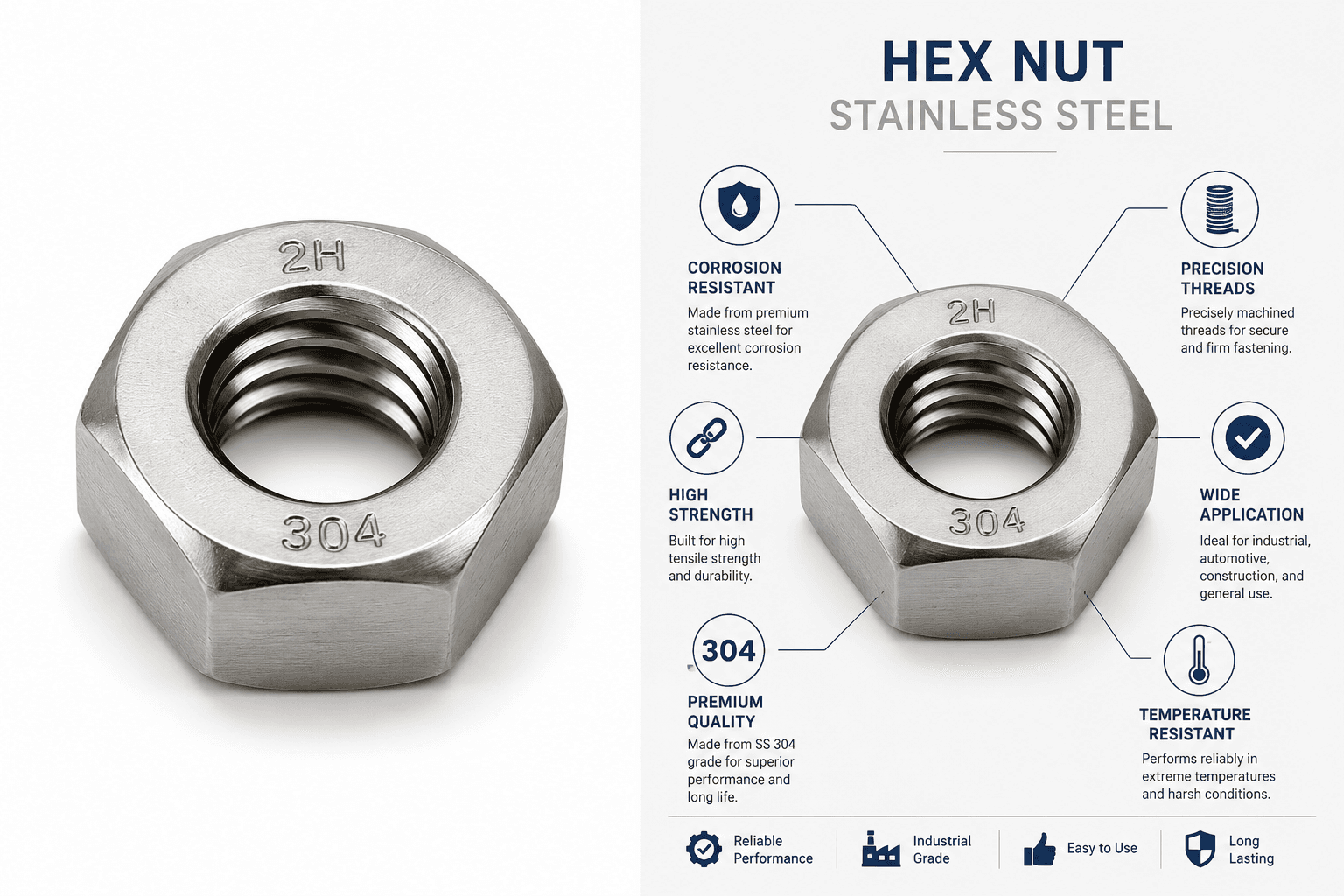 Hex Nut (SS 304/316) โ Precision Machined Industrial Fastener