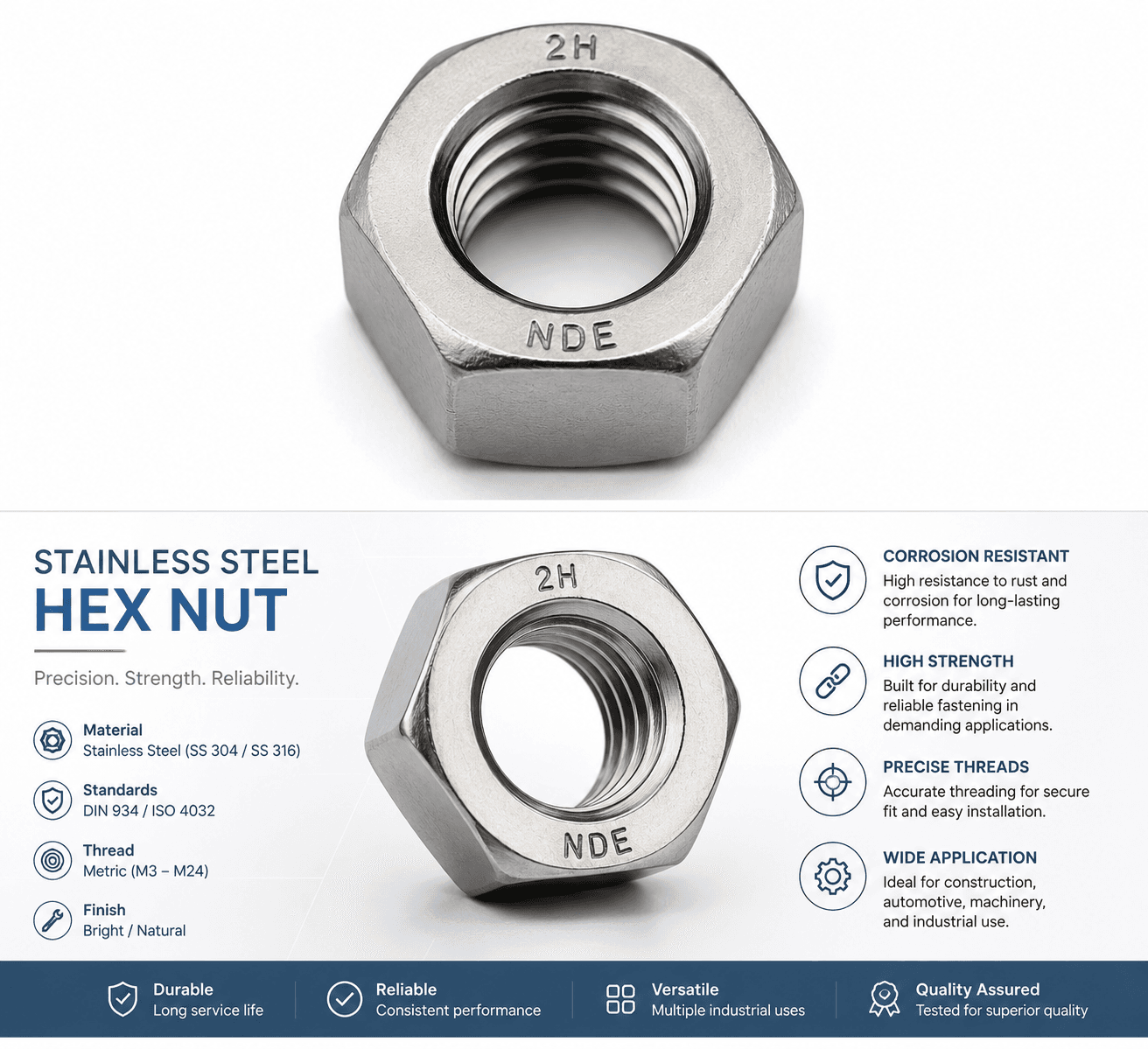 Hex Nut (SS 304/316) โ Precision Machined Industrial Fastener alternate view